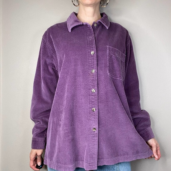 LL Bean wide wale corduroy aubergine purple button-down collared shirt L - Picture 11 of 17